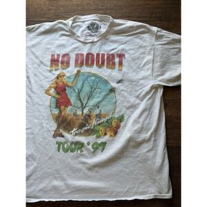 Men's No Doubt T-Shirt White Spell-Out L 90s OC Rock Tragic Kingdom Tour 97 Ska